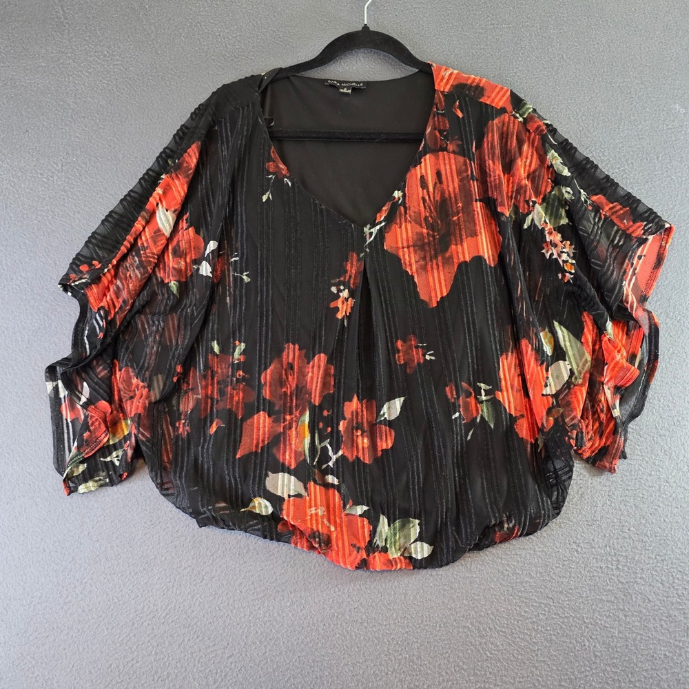 Sara Michelle Womens Sm Red Floral Mesh Dolman Sleeve Blouse  Black Dark Romance